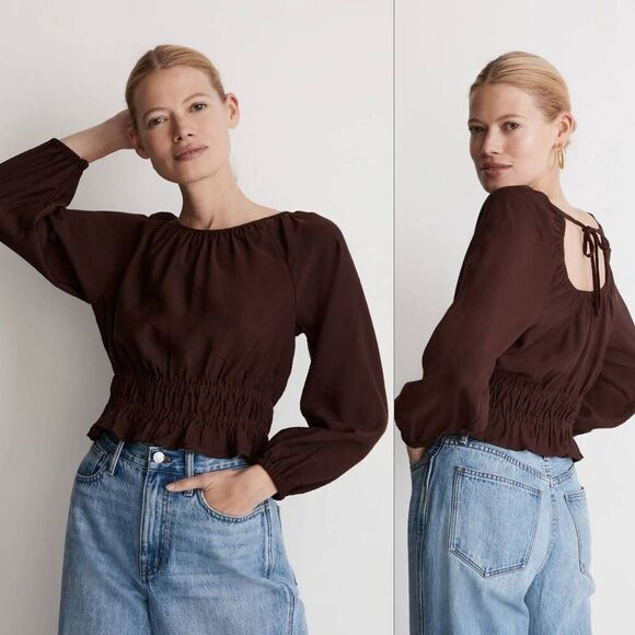 Madewell Top Womens Small Brown Raisin Pleated Tie Back Cutout Crop Twill Blouse - Picture 1 of 6